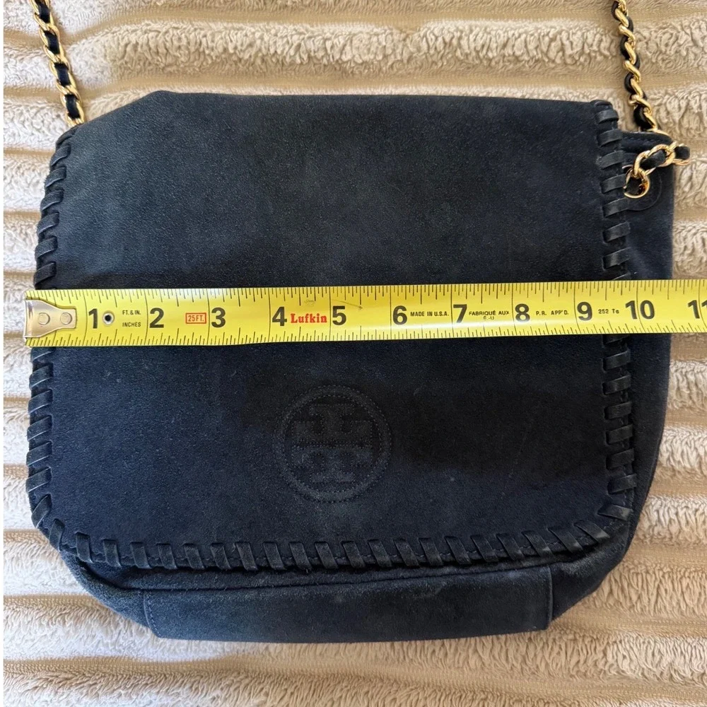 Tory Burch Marion Navy Blue Suede Whipstitch Chain Crossbody Bag